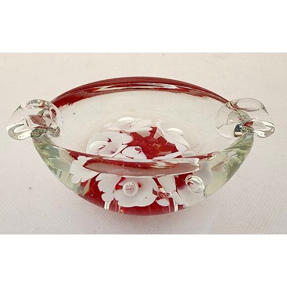 ASHTRAY-VINTAGE-BLOWN GLASS-Clear-White Flowers-Red Accent-Small-MCM - Picture 2 of 15